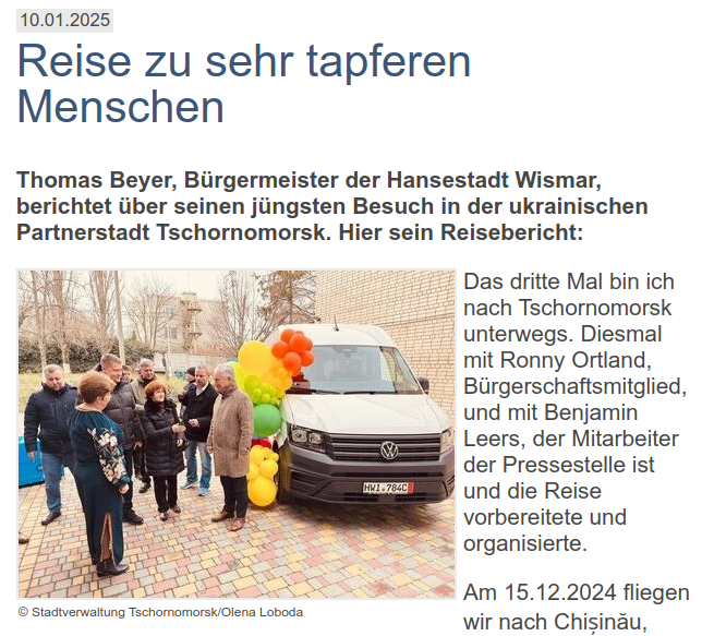 Bürgermeister Beyer aus Wismar berichtet über seine Reise nach Tschornomorsk im Dezember 2024